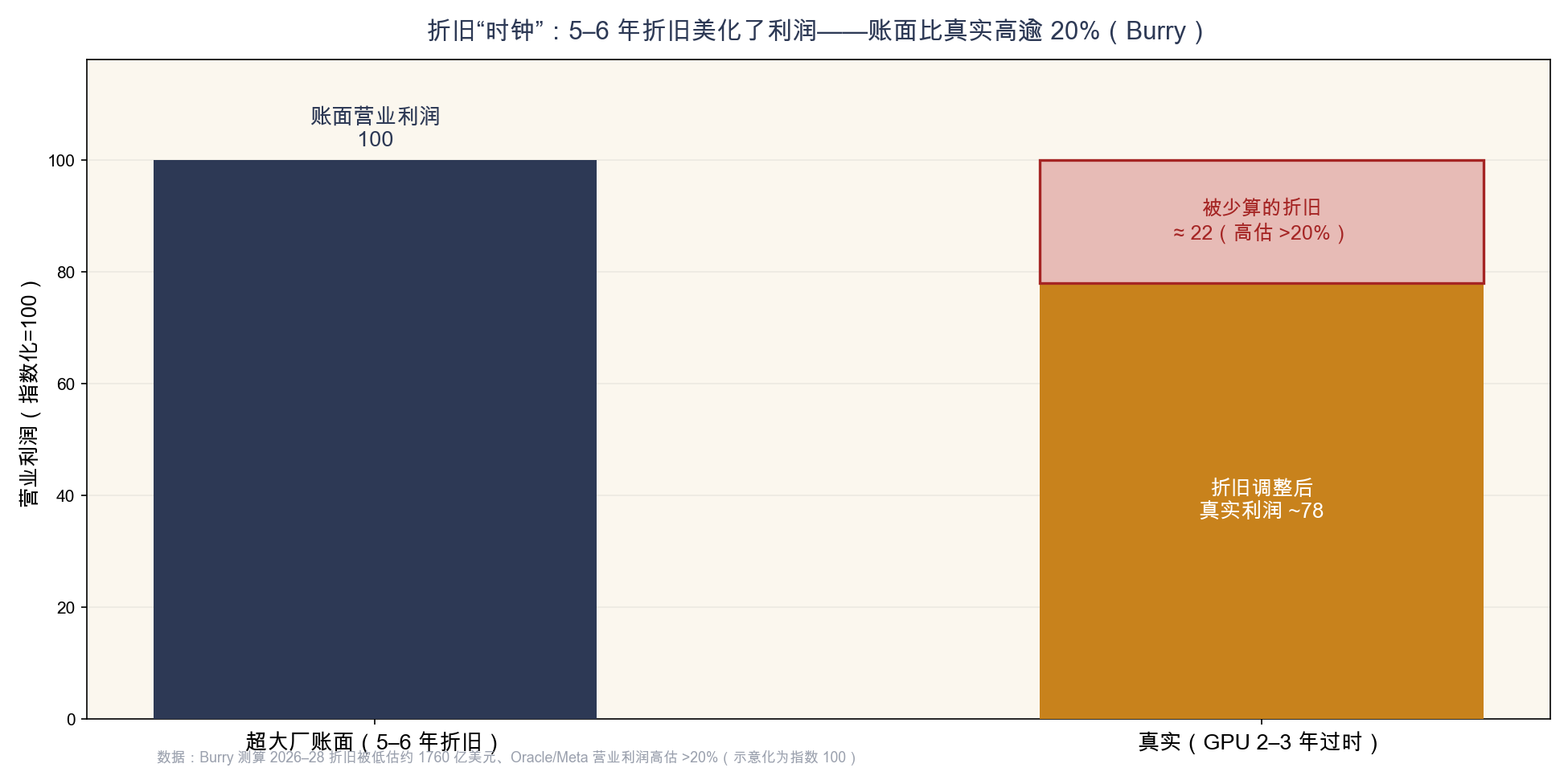 附图13 5–6 年会计折旧 vs GPU 2–3 年真实寿命:账面利润被高估逾 20%(Burry 口径)